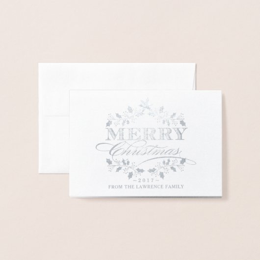 メリークリスマスホリーリースヴィンテージタイポグラフィ 箔カード (封筒付き正面)