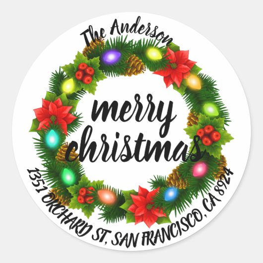 メリークリスマスホリーリース差出人住所クラシ ラウンドシール (正面)
