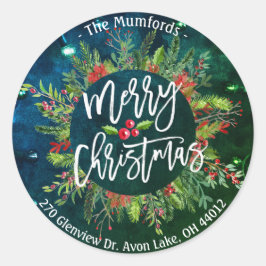 メリークリスマスホリーリース差出人住所ラベル ラウンドシール