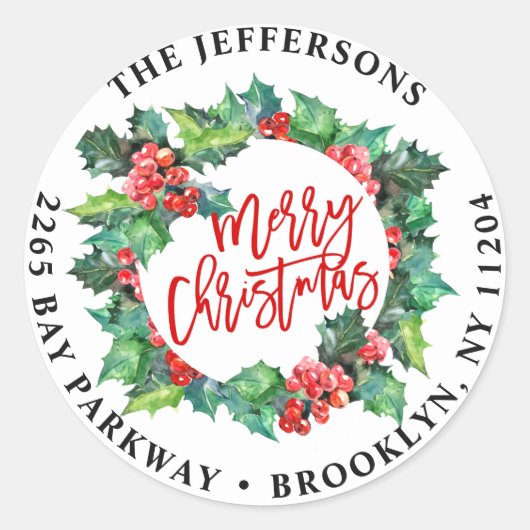 メリークリスマスホリーリース差出人住所ラベル ラウンドシール (正面)