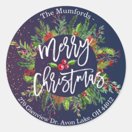 メリークリスマスホリーリース差出人住所ラベル ラウンドシール