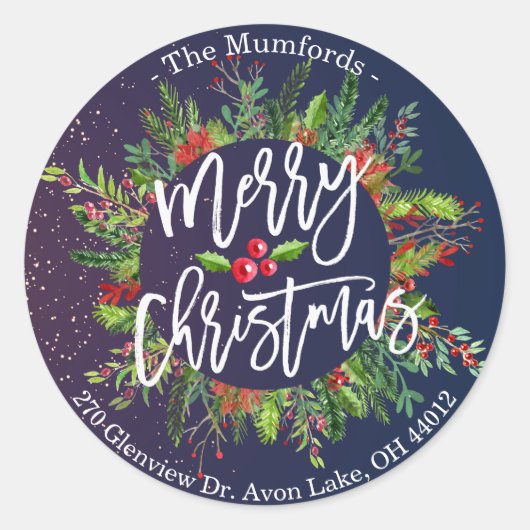 メリークリスマスホリーリース差出人住所ラベル ラウンドシール (正面)