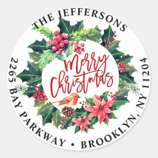 メリークリスマスホリーリース差出人住所ラベル ラウンドシール (正面)