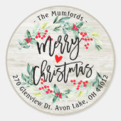 メリークリスマスホリーリース差出人住所ラベル ラウンドシール (正面)
