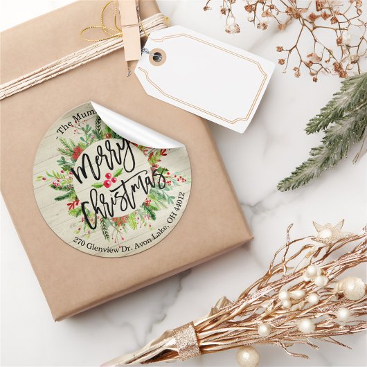 メリークリスマスホリーリース差出人住所ラベル ラウンドシール