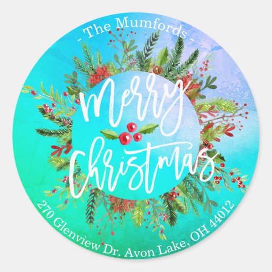 メリークリスマスホリーリース差出人住所ラベル ラウンドシール (正面)