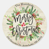 メリークリスマスホリーリース差出人住所ラベル ラウンドシール (正面)