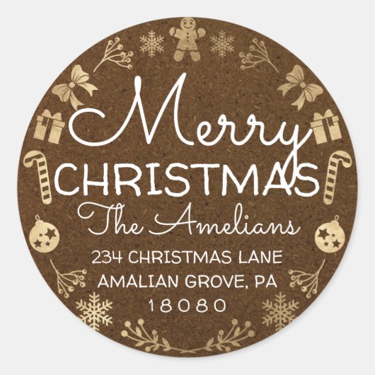 メリークリスマスホリーリースRSVPクラフトブラウン ラウンドシール (正面)
