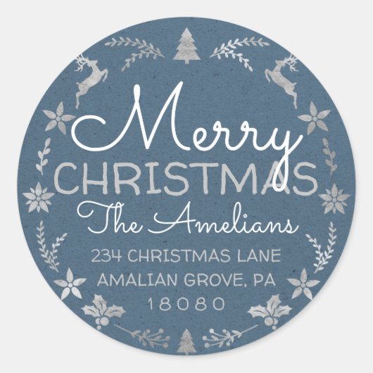 メリークリスマスホリーリースRSVPクラフトブルー ラウンドシール (正面)