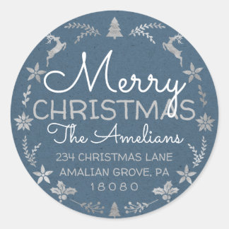 メリークリスマスホリーリースRSVPクラフトブルー ラウンドシール