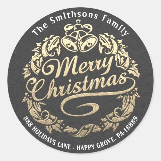 メリークリスマスホリーリースRSVPグレー金ゴールドクラフト ラウンドシール (正面)