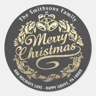 メリークリスマスホリーリースRSVPグレー金ゴールドクラフト ラウンドシール