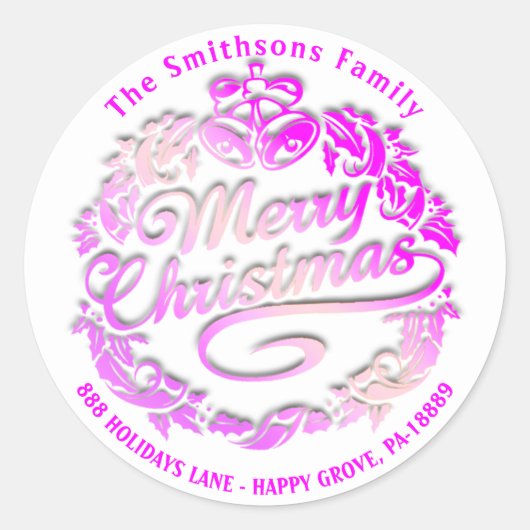 メリークリスマスホリーリースRSVPピンク王室のホワイト ラウンドシール (正面)