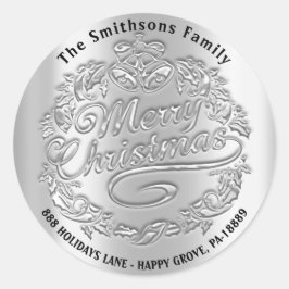 メリークリスマスホリーリースRSVPベルズシルバー ラウンドシール