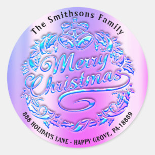 メリークリスマスホリーリースRSVPベルズピンクブルー ラウンドシール