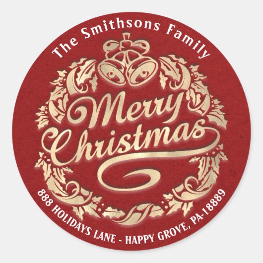 メリークリスマスホリーリースRSVPレッド金ゴールドクラフト ラウンドシール (正面)
