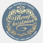 メリークリスマスホリーリースRSVP金ゴールドブルー ラウンドシール (正面)