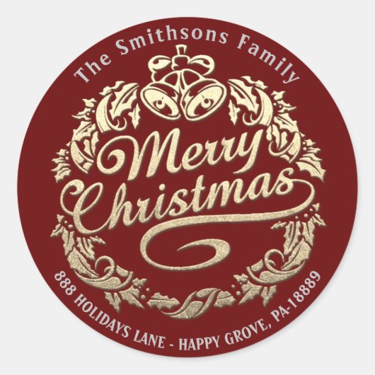 メリークリスマスホリーリースRSVP金ゴールドレッド ラウンドシール (正面)
