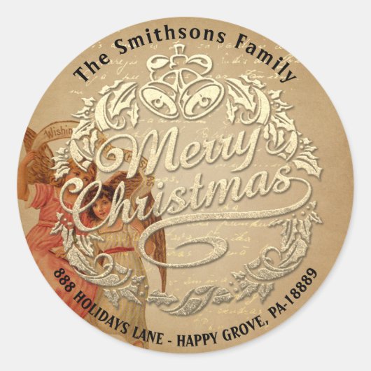 メリークリスマスホリーリースRSVP金ゴールドヴィンテージ ラウンドシール (正面)