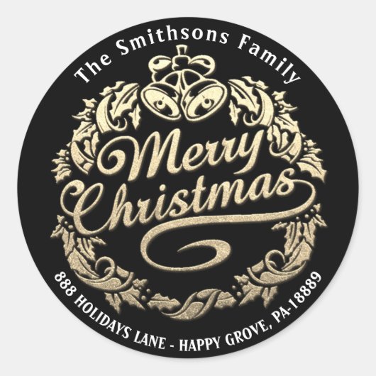 メリークリスマスホリーリースRSVP金ゴールド白黒 ラウンドシール (正面)