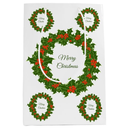 メリークリスマスホリーレッドベリーリース ミディアムペーパーバッグ (正面)