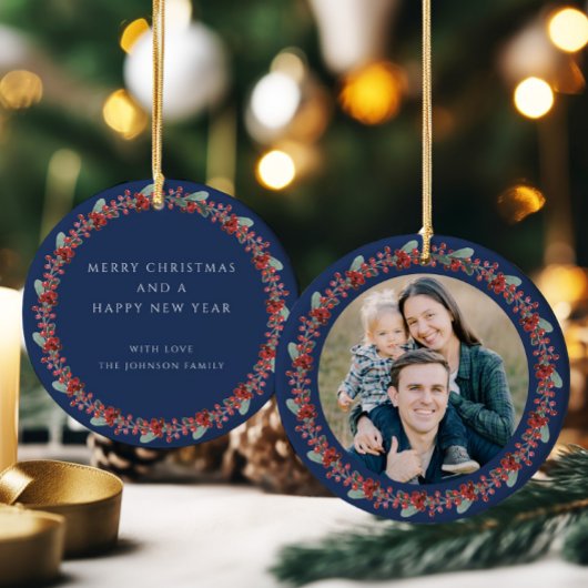 メリークリスマスホリー植物写真 セラミックオーナメント