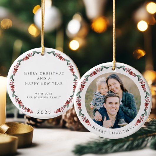 メリークリスマスホリー植物写真 セラミックオーナメント
