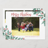 メリークリスマスホリー赤と緑の写真 シーズンカード (正面/裏面)