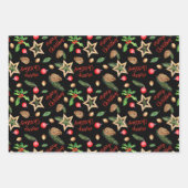 メリークリスマスホリー赤モミ松コーンスターブラック ラッピングペーパーシート (正面)