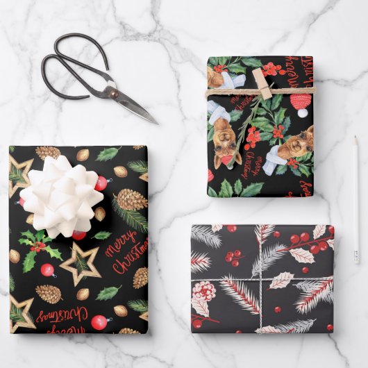 メリークリスマスホリー赤モミ松コーンスターブラック ラッピングペーパーシート (正面)