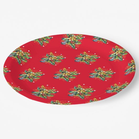 メリークリスマスホリ葉ーズベリー花赤 ペーパープレート (アングル)