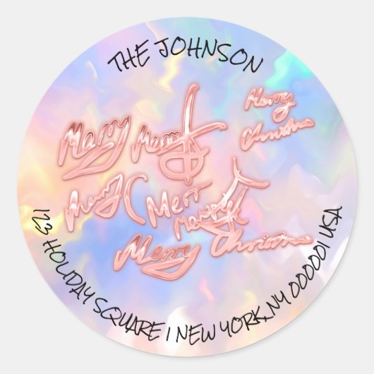メリークリスマスホログラフィックピンクRSVPギリー ラウンドシール (正面)