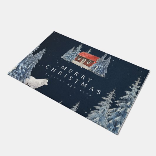 メリークリスマスホワイトウルフとレッドキャビンのシーン ドアマット (アングル)