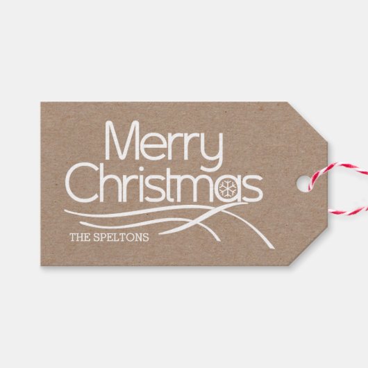 メリークリスマスホワイトタイポグラフィスノーフレークモダン ギフトタグ (正面(横))
