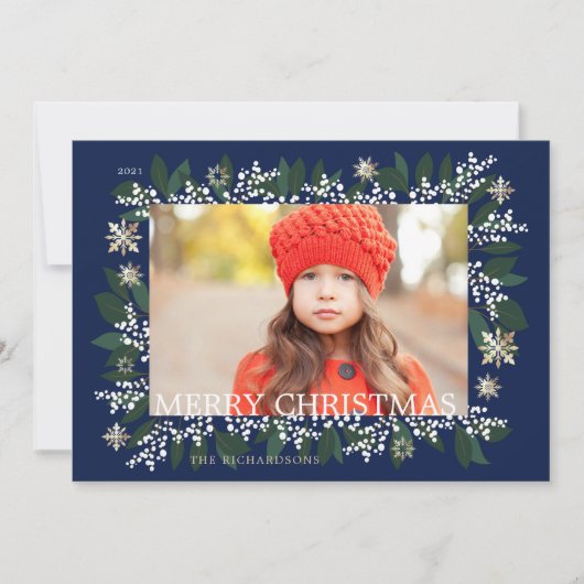 メリークリスマスホワイトベリーの葉の雪片 シーズンカード (正面)