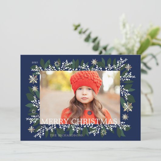 メリークリスマスホワイトベリーの葉の雪片 シーズンカード (スタンド正面)