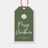メリークリスマスホワイトポインセチアをグリーン ギフトタグ (正面)