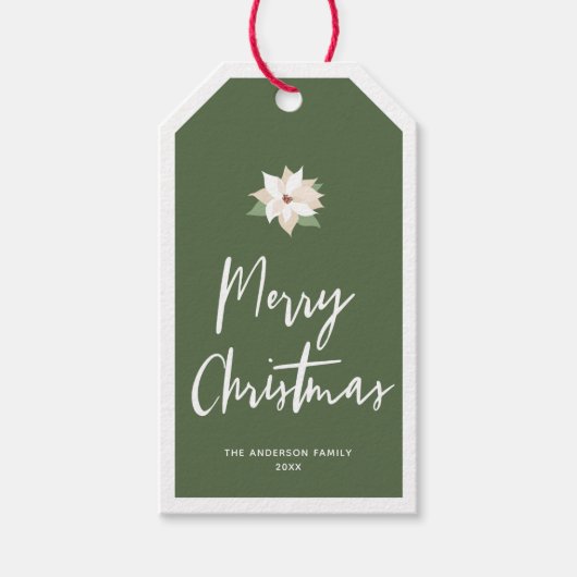メリークリスマスホワイトポインセチアをグリーン ギフトタグ (正面)