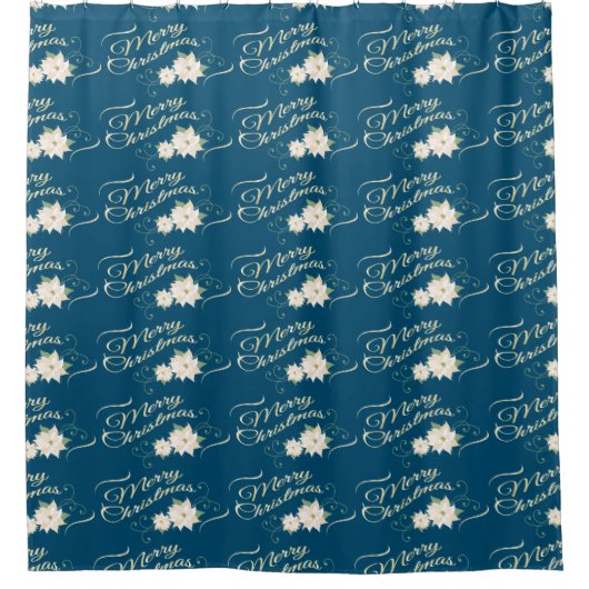 メリークリスマスホワイトポインセチア濃い青 シャワーカーテン (正面)