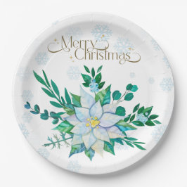 メリークリスマスホワイトポインセチア雪 ペーパープレート