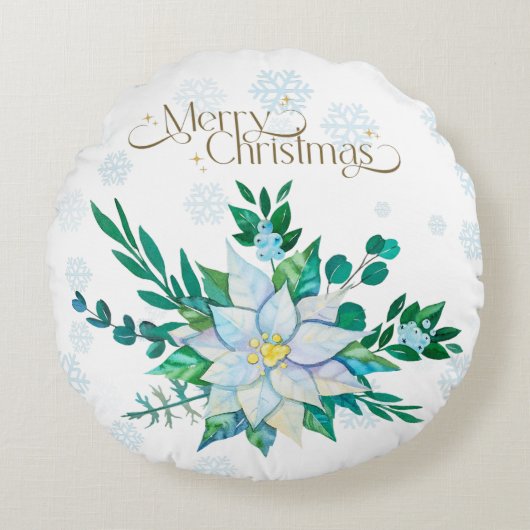 メリークリスマスホワイトポインセチア雪 ラウンドクッション (正面)