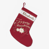 メリークリスマスホワイトポインセティパーソナライズされたアス スモールクリスマスストッキング (正面 (吊り時))