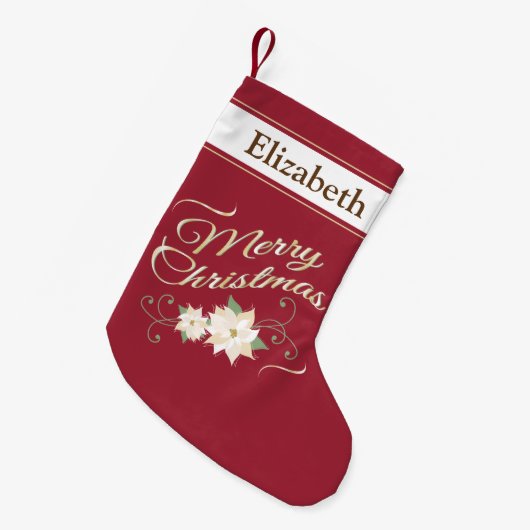 メリークリスマスホワイトポインセティパーソナライズされたアス スモールクリスマスストッキング (正面 (吊り時))