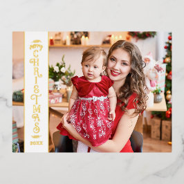 メリークリスマスホワイト2枚の写真ファミリー金ゴールド 箔シーズンポストカード