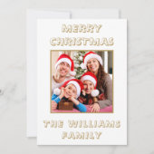 メリークリスマスホワイト&金ゴールドファミリーフォト シーズンカード (正面)