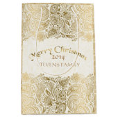 メリークリスマスホワイト&金ゴールドフローラペイズリーレース ミディアムペーパーバッグ (正面)