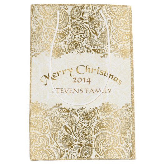 メリークリスマスホワイト&金ゴールドフローラペイズリーレース ミディアムペーパーバッグ (正面)
