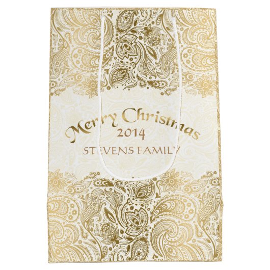 メリークリスマスホワイト&金ゴールドフローラペイズリーレース ミディアムペーパーバッグ (裏面)