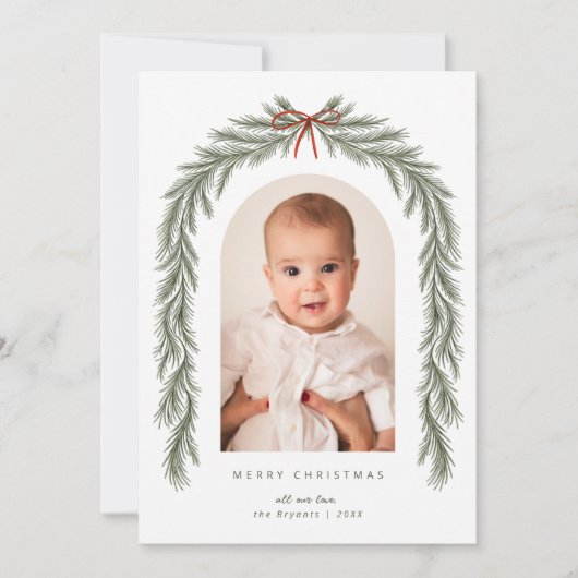 メリークリスマスボウと植物性の松のアーチ写真 シーズンカード (正面)