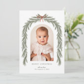 メリークリスマスボウと植物性の松のアーチ写真 シーズンカード (スタンド正面)